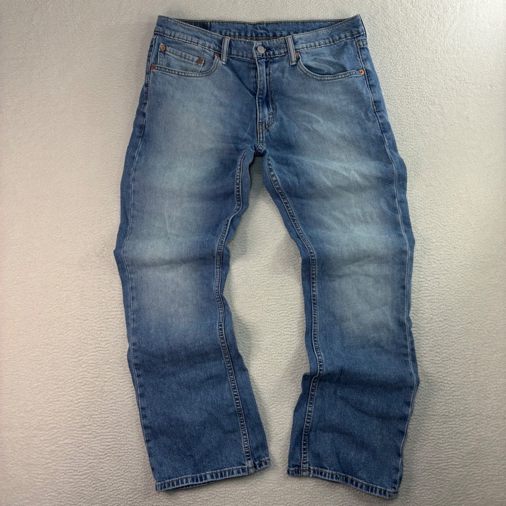 Levis 527 Slim Bootcut Jeans Mens 34x30 Blue Whiskered Distressed Faded Western
